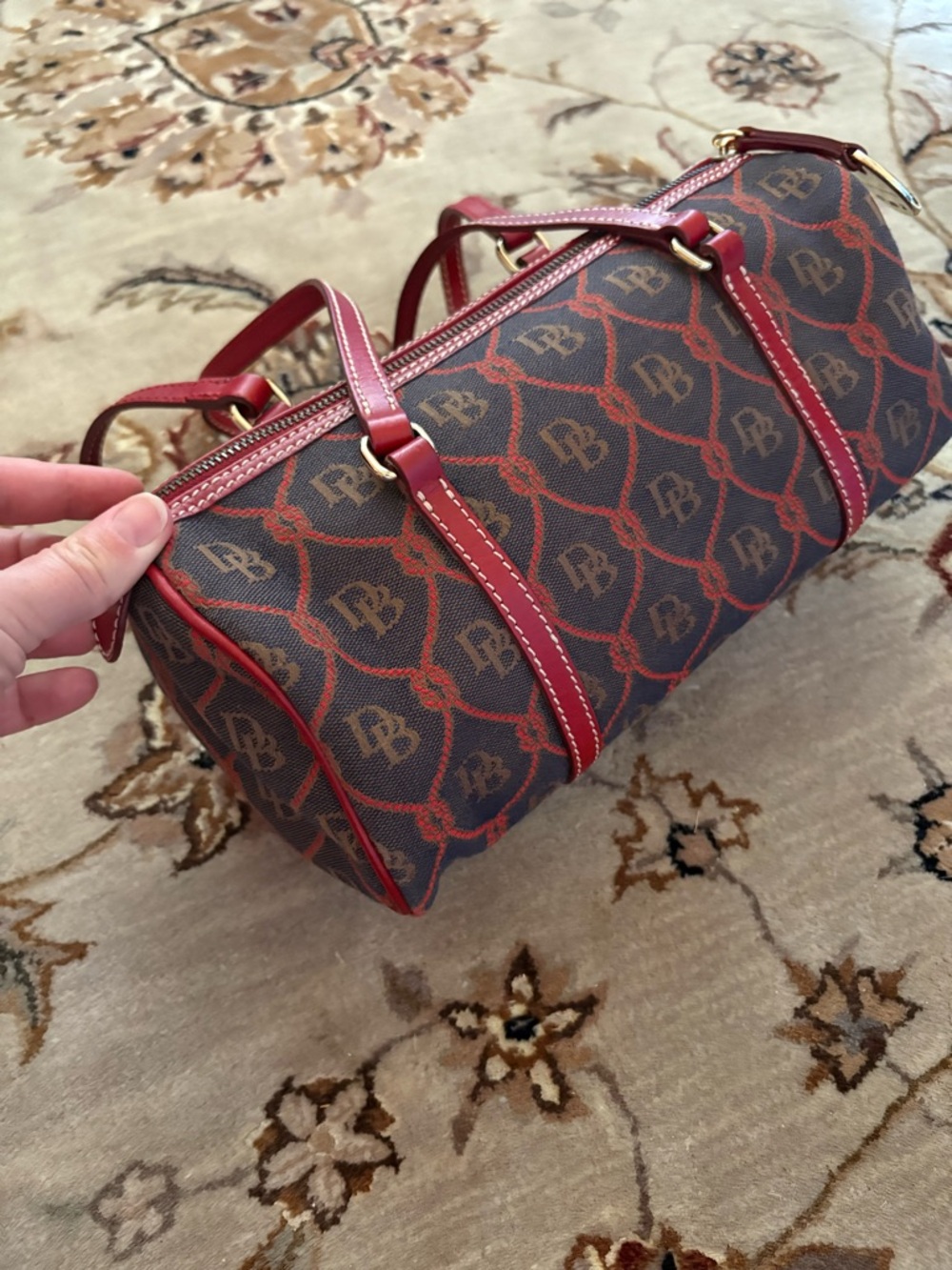 Vintage Dooney & Bourke Dark Blue and Red Barrel Satchel in perfect condition